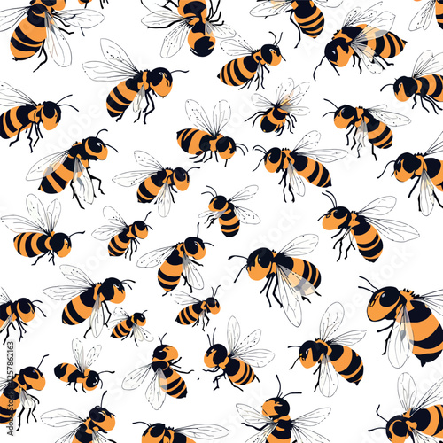 Vsai swarm of bees flying, seamless pattern on white background