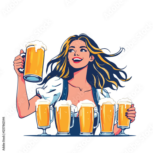 Vsai smiling waitress holding beer mugs and wearing traditional clothes