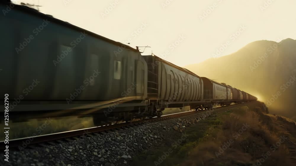 A freight train travels along a scenic route at sunset, surrounded by mountains. A freight train travels along a scenic route at sunset, surrounded by mountains.