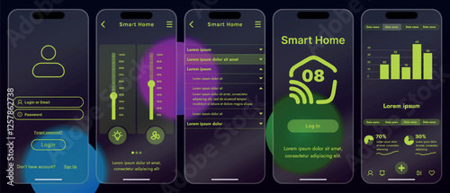 Sleek vector illustration of a smart home app interface displayed on a smartphone. The design features a glass base, modern icons and controls.