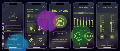 Sleek vector illustration of a smart home app interface displayed on a smartphone. The design features a glass base, modern icons and controls.