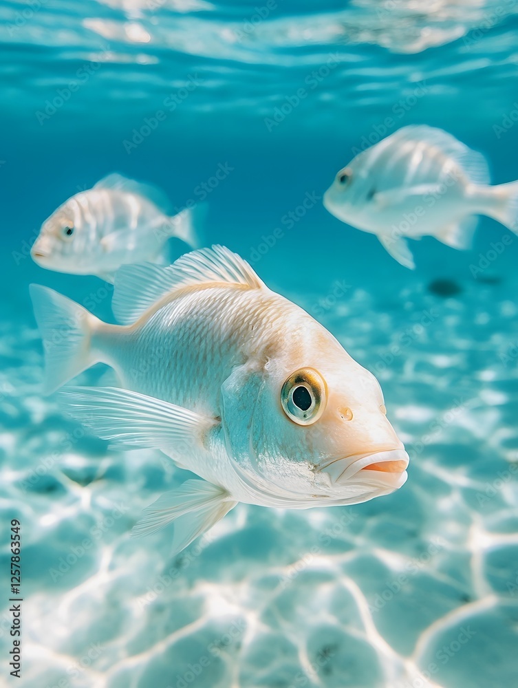 Naklejka premium Shoal of Graceful Tropical Fish Gliding Through Pristine Underwater Seascape with Vibrant Colors and Serene Tranquility