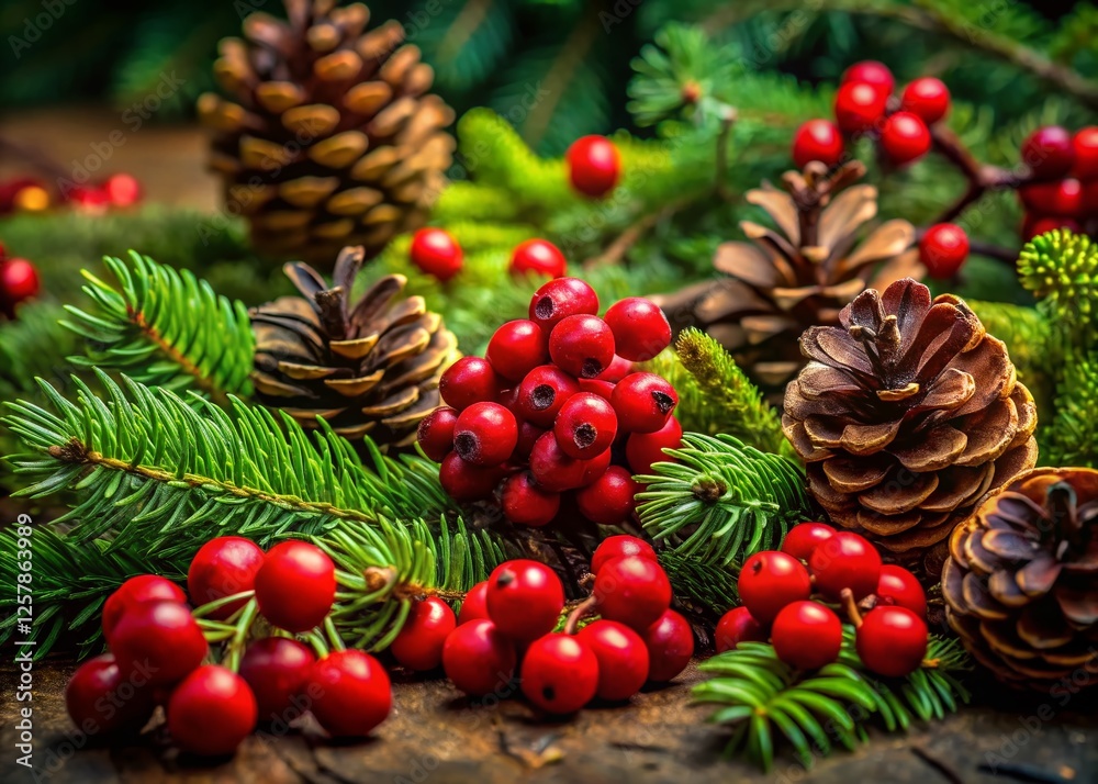 Fototapeta premium Autumnal Still Life: Pine Cones, Red Berries & Lush Green Foliage