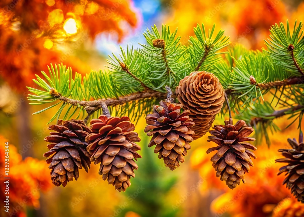 Obraz premium Autumn Cones Hanging on Pine Tree Branch, High Depth of Field, Nature Stock Photo