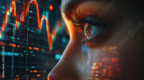 Close Up of Woman Eye Reflecting Stock Market Charts Finance Investment Concept