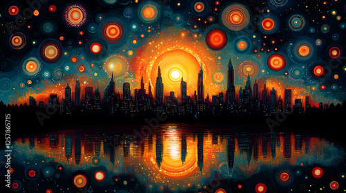 Surreal City Skyline with Celestial Backdrop