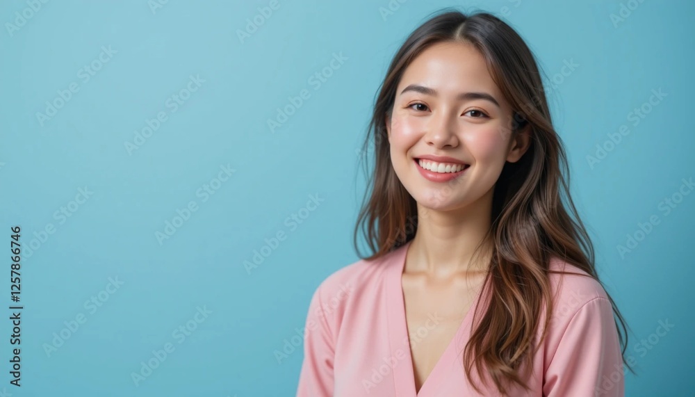Smiling Woman in Soft Pink Blouse Against Pastel Blue Background Smiling Woman in Soft Pink Blouse Against Pastel Blue Background