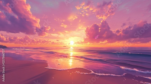 Fototapeta Naklejka Na Ścianę i Meble -  Pink sunset over ocean beach; calm waves; peaceful sky; travel poster