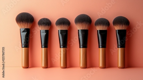 Five makeup brushes, peach background, studio shot, beauty product
