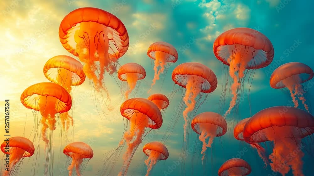orange jellyfish flying or floating in the sky, surreal and abstract scenery, weird, sci-fi, fantasy