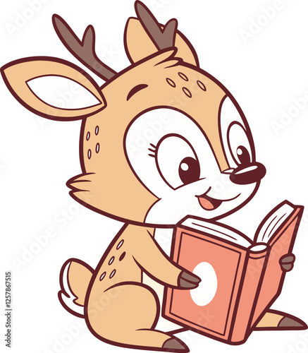 Cute cartoon baby deer reading a red book vector illustration