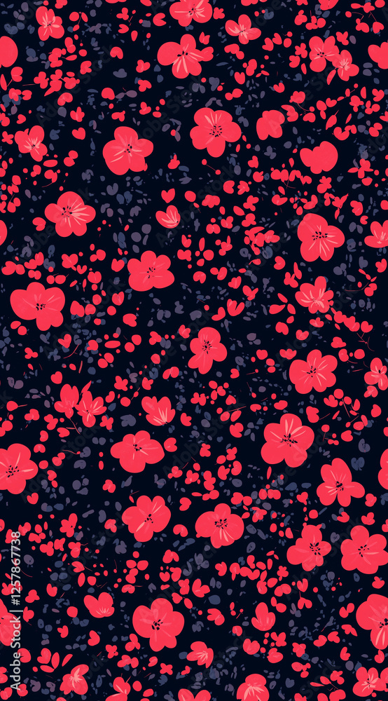 Seamless cute pink and red floral pattern on dark blue background Seamless cute pink and red floral pattern on dark blue background