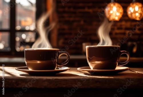 cinematic close steaming coffee cups showcasing rich deep intricate steam patterns inviting coffee setting, barista, brew, beverage, ceramic, caffeinated photo