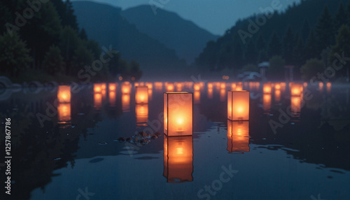 Chinese Lanterns Floating on Water Creating a Serene and Festive Atmosphere  