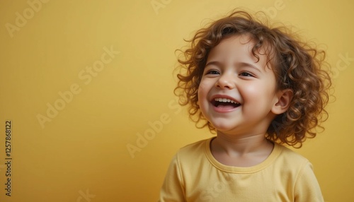 Cute Child Laughing Against a Pastel Yellow Background photo