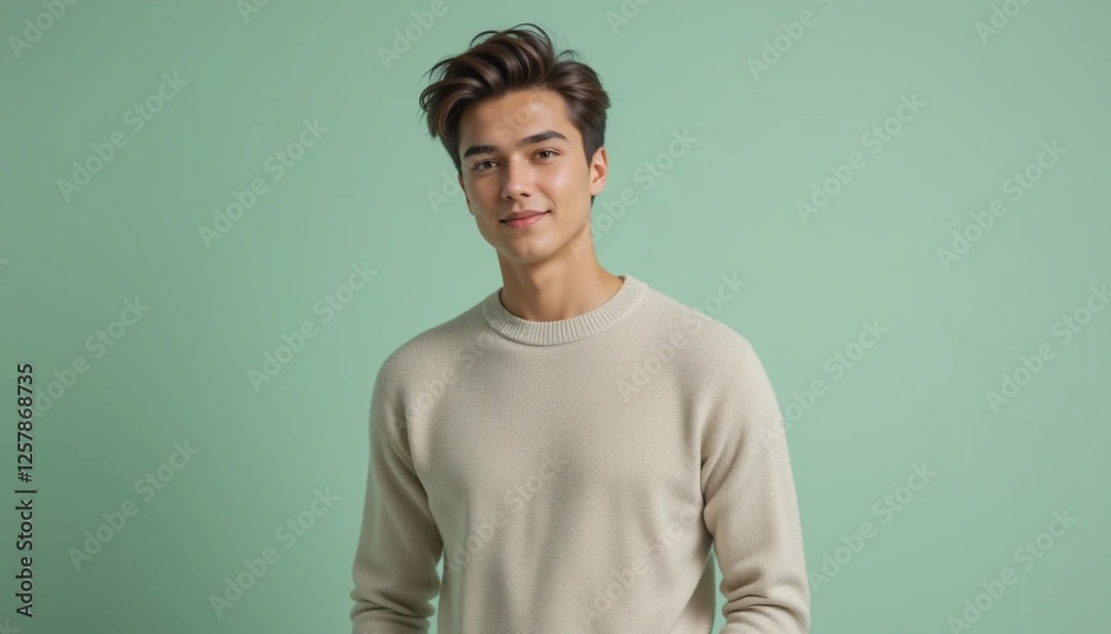 Fototapeta premium Young Man in a Casual Outfit Against a Pastel Green Background