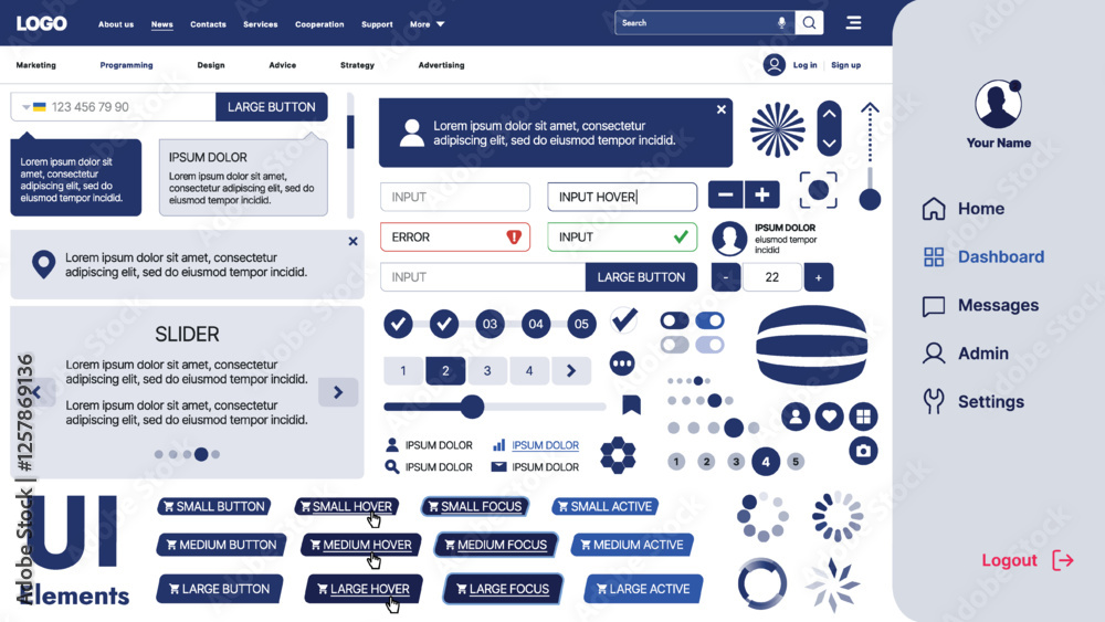 A modern UI kit featuring a collection of buttons, icons, navigation menus, and responsive design elements. Includes login forms, media players, search bars, and calendars, ideal for apps, websites A modern UI kit featuring a collection of buttons, icons, navigation menus, and responsive design elements. Includes login forms, media players, search bars, and calendars, ideal for apps, websites