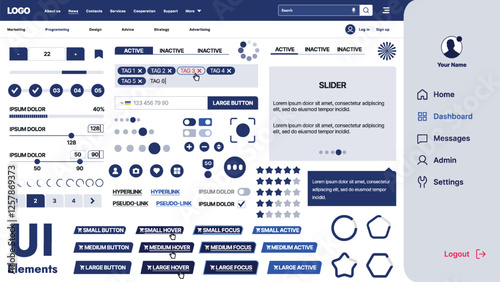 A modern UI kit featuring a collection of buttons, icons, navigation menus, and responsive design elements. Includes login forms, media players, search bars, and calendars, ideal for apps, websites