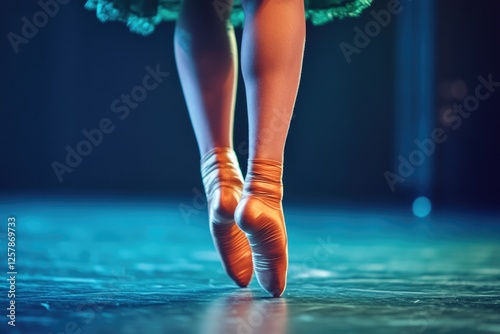 A professional ballet dancer in action on stage, with an expressionless face and stretching leg to showcase flexibility and pose.