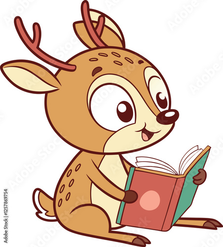 Cute cartoon baby deer reading a red book vector illustration