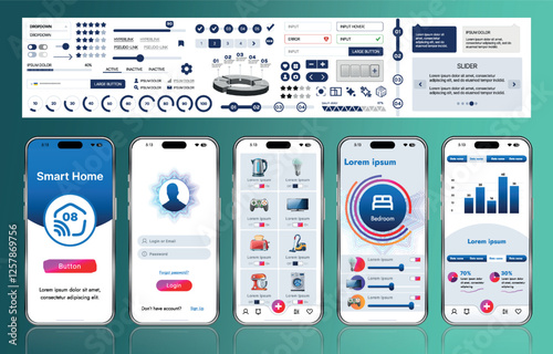 A sleek smart home application interface template featuring modern icons and a gradient design. Includes navigation menus for managing devices, monitoring security, controlling temperature