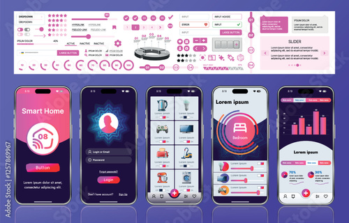 A sleek smart home application interface template featuring modern icons and a gradient design. Includes navigation menus for managing devices, monitoring security, controlling temperature