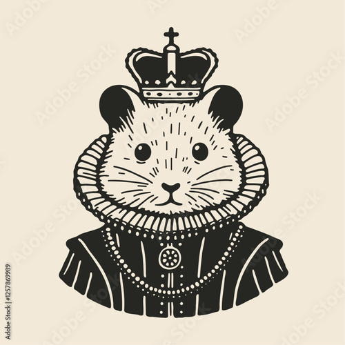 hamster wearing medieval style, Victorian classy clothes and a crown, vintage portrait sketch