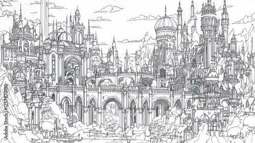 Fantasy city skyline, bridge, river, mountains, clouds, architectural design, illustration, book cover