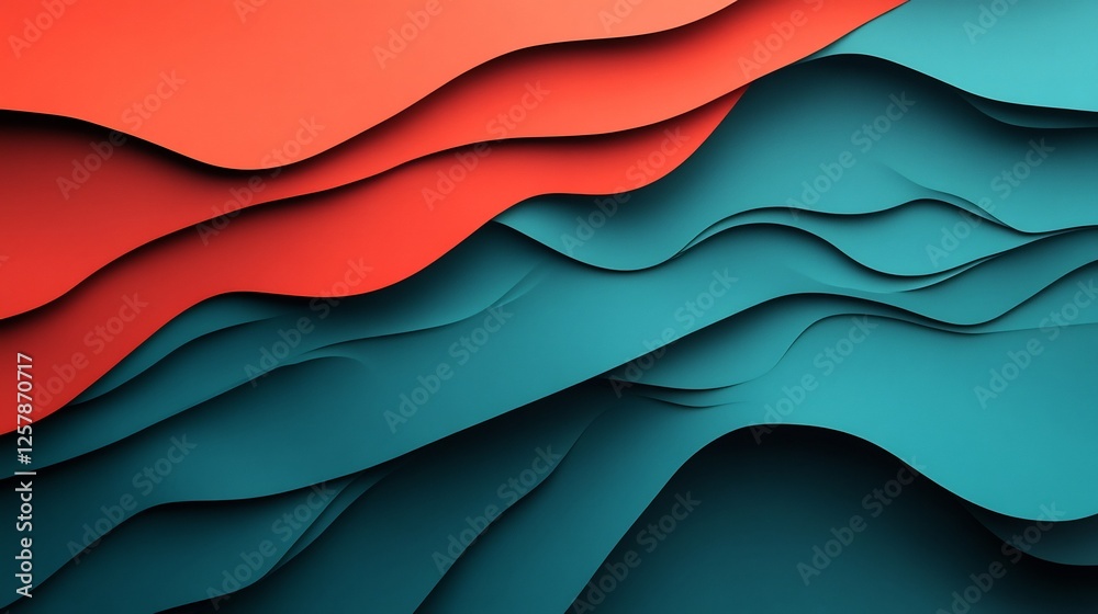 Fototapeta premium Abstract Teal Red Layered Waves Dynamic Design. AI Generated