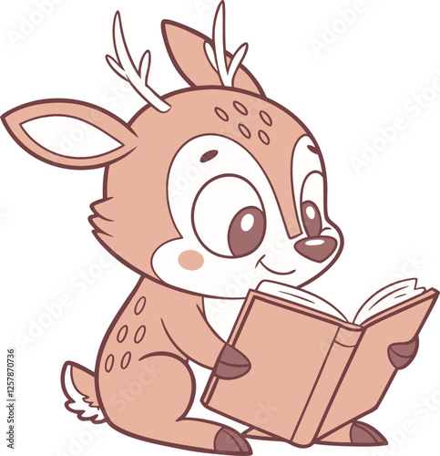 Cute cartoon baby deer reading a red book vector illustration