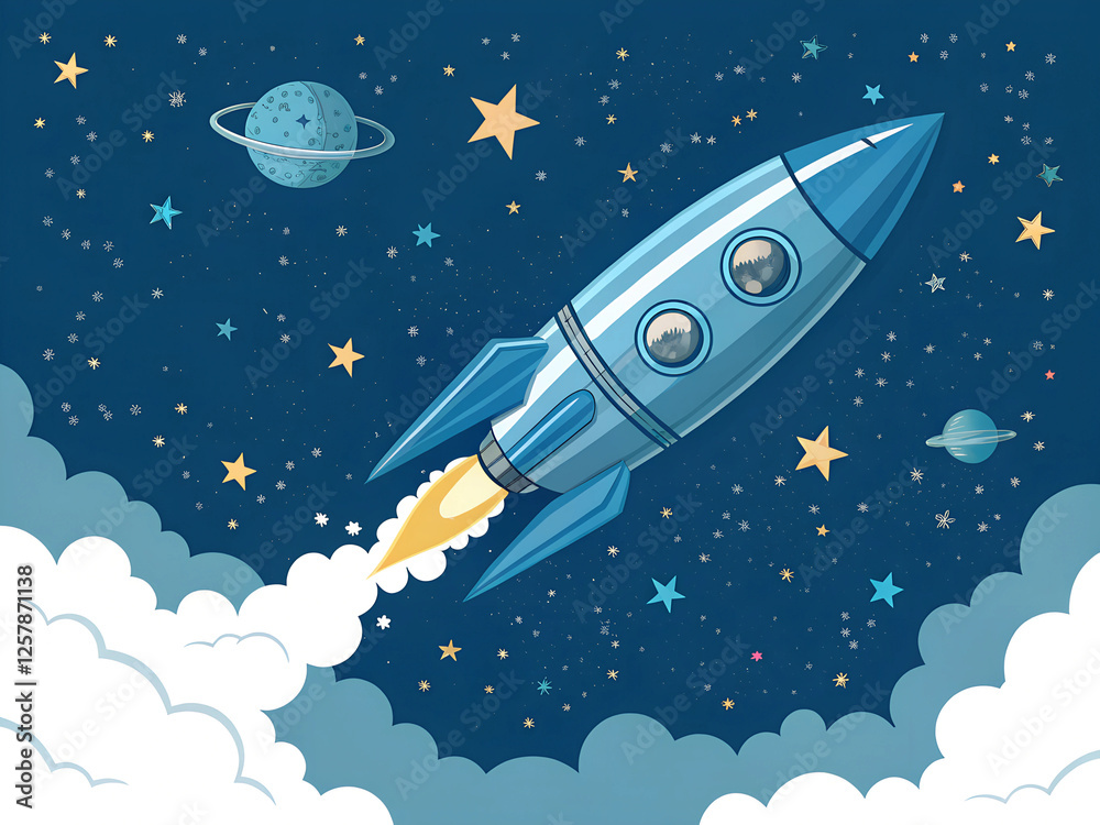 A blue rocket is flying through space, leaving a trail of smoke and heading towards a planet with rings.
A blue rocket is flying through space, leaving a trail of smoke and heading towards a planet with rings.