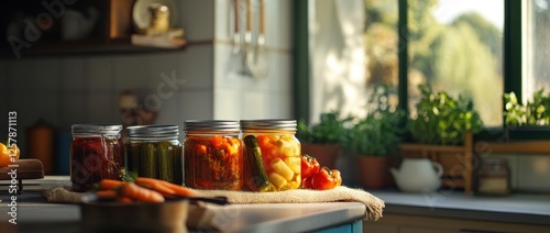 fermented vegetables in a jar, healthy food for intestinal and gastrointestinal microflora, probiotic, antioxidant