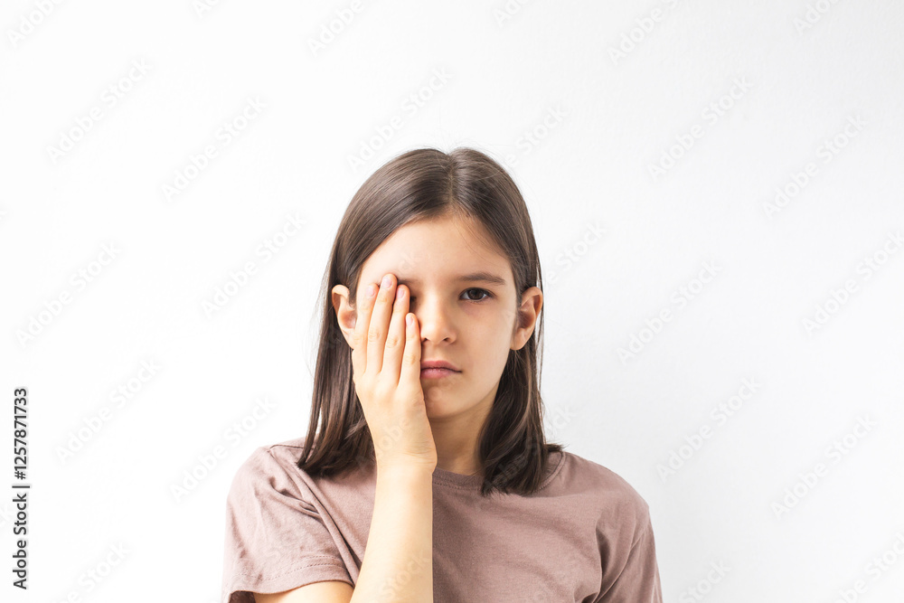 Young girl child covering one eye with her hand, expressing discomfort or pain, standing against a white background, illustrating a concept of health issues or vision problems Young girl child covering one eye with her hand, expressing discomfort or pain, standing against a white background, illustrating a concept of health issues or vision problems