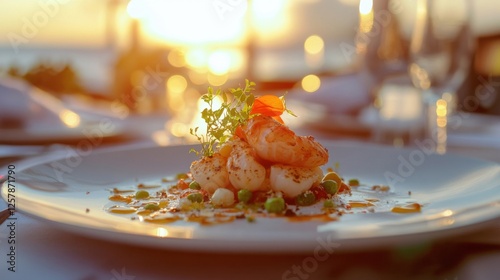 Obraz na płótnie A beautifully plated Greek seafood dish on a Santorini restaurant terrace, with a sea view and golden sunset light w salonie