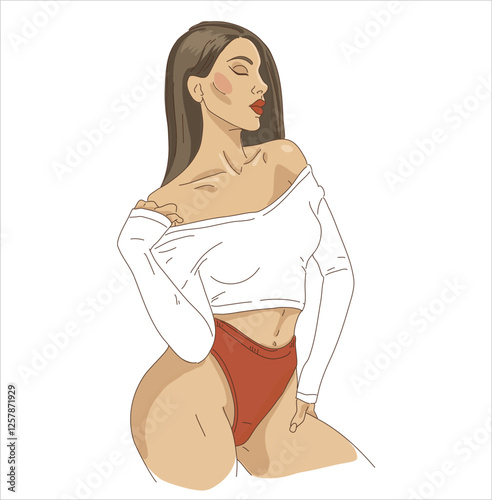 A girl in panties and a transparent jacket. Delicate colors, morning mood. Attractive young woman in bikini