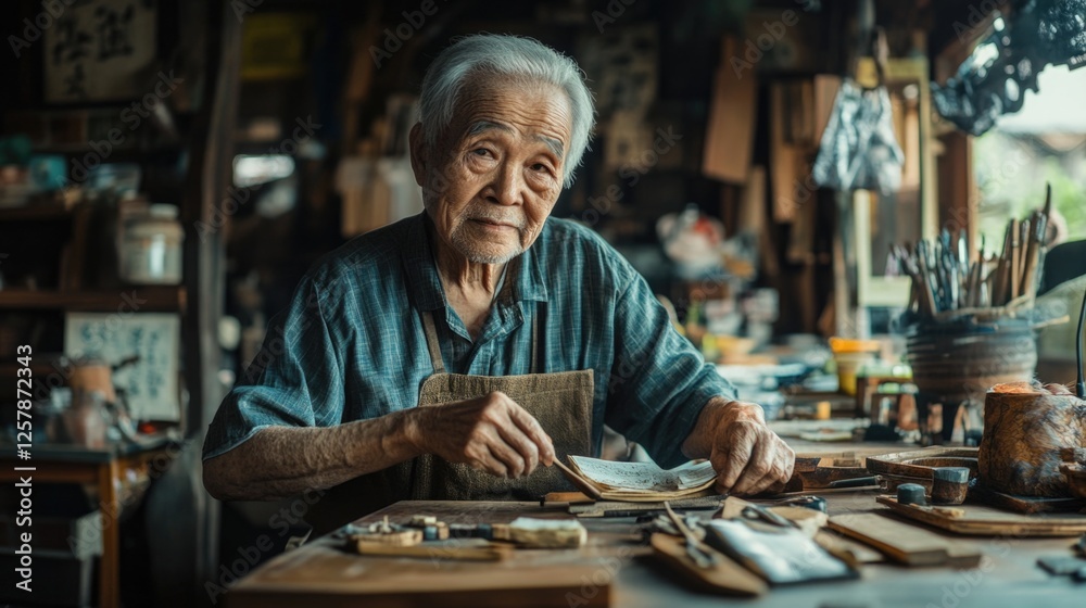Elderly man working at a crafts table with various tools and supplies. Elderly man working at a crafts table with various tools and supplies.