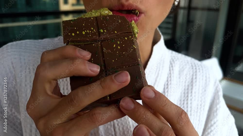 Close up of woman portrait eating Dubai chocolate with green pistachio paste, cream and kataifi dough. Trend dessert