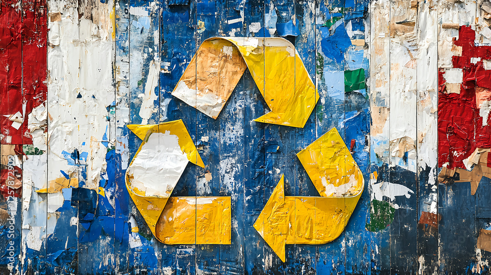 Fototapeta premium Artistic representation of different colors and shapes made from recycled materials, forming the iconic recycling symbol. The piece is set against an abstract background with torn paper textures. 