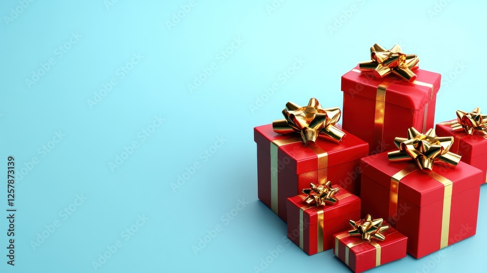 Red gift boxes with gold bows on blue background Red gift boxes with gold bows on blue background