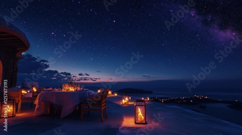 Wallpaper Mural A cozy candlelit dinner for two on a Santorini rooftop, surrounded by glowing lanterns and the starry night sky Torontodigital.ca
