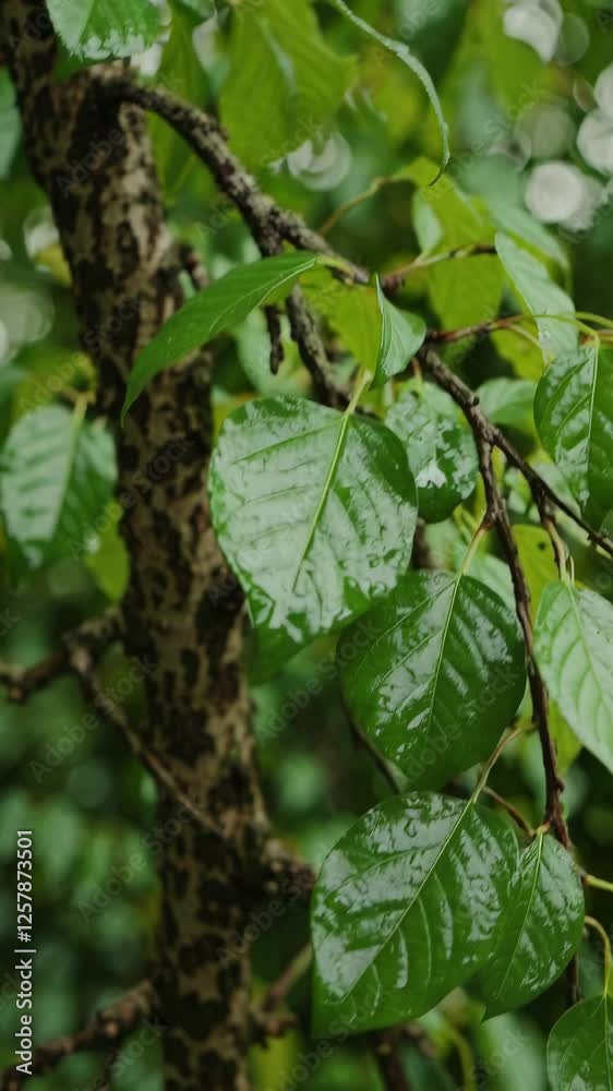 Close-up video of rain-soaked green leaves on a tree branch, captured from a low angle, highlighting the fresh, vibrant nature scene. Mobile wallpaper ratio. Close-up video of rain-soaked green leaves on a tree branch, captured from a low angle, highlighting the fresh, vibrant nature scene. Mobile wallpaper ratio.
