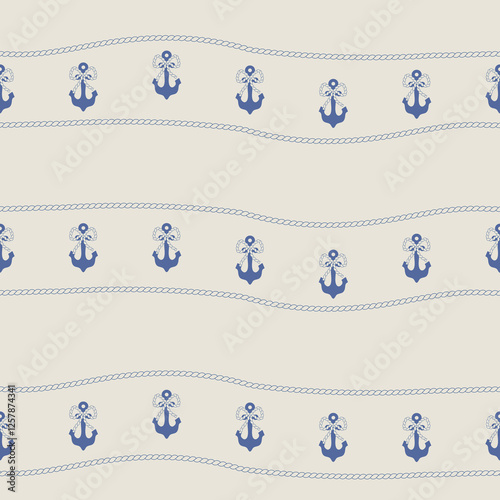 Anchor and ropes, gorizontal lines vecror seamless pattern in retro vintage style for textile design, scrapbook paper, wallpaper package. Summer fishing aesthetic