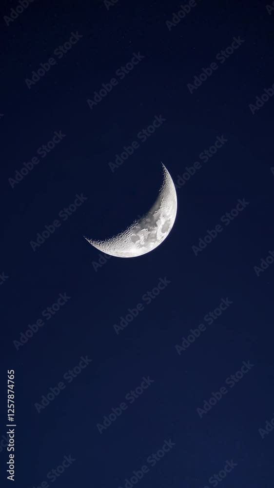 A serene night sky with a crescent moon captured from a low-angle shot, evoking a tranquil and mysterious video ambiance. Mobile wallpaper ratio. A serene night sky with a crescent moon captured from a low-angle shot, evoking a tranquil and mysterious video ambiance. Mobile wallpaper ratio.