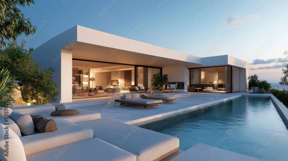 Fototapeta premium A high-end private villa in Santorini, featuring modern white architecture, a spacious outdoor lounge, and a perfect sea view