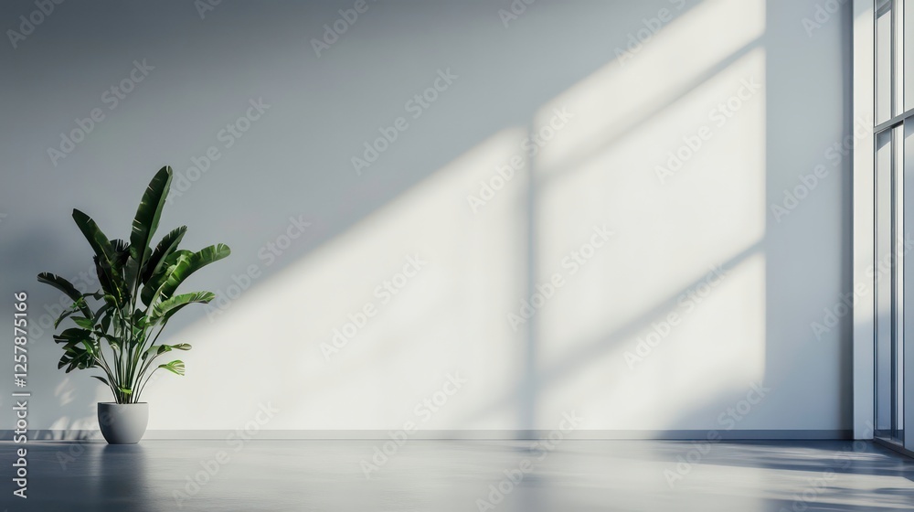 Minimalist room interior with large window, sunlight, and potted plant. Minimalist room interior with large window, sunlight, and potted plant.