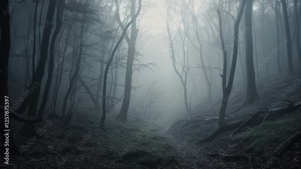 Obraz premium Mysterious dark forest with fog in the morning, mystical landscape