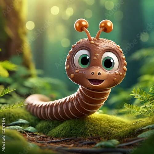 Portrait of a cute earthworm taken inside a forest. Cheerful illustration for children