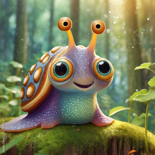 Portrait of a cute smiling snail taken inside a forest. Cheerful illustration for children