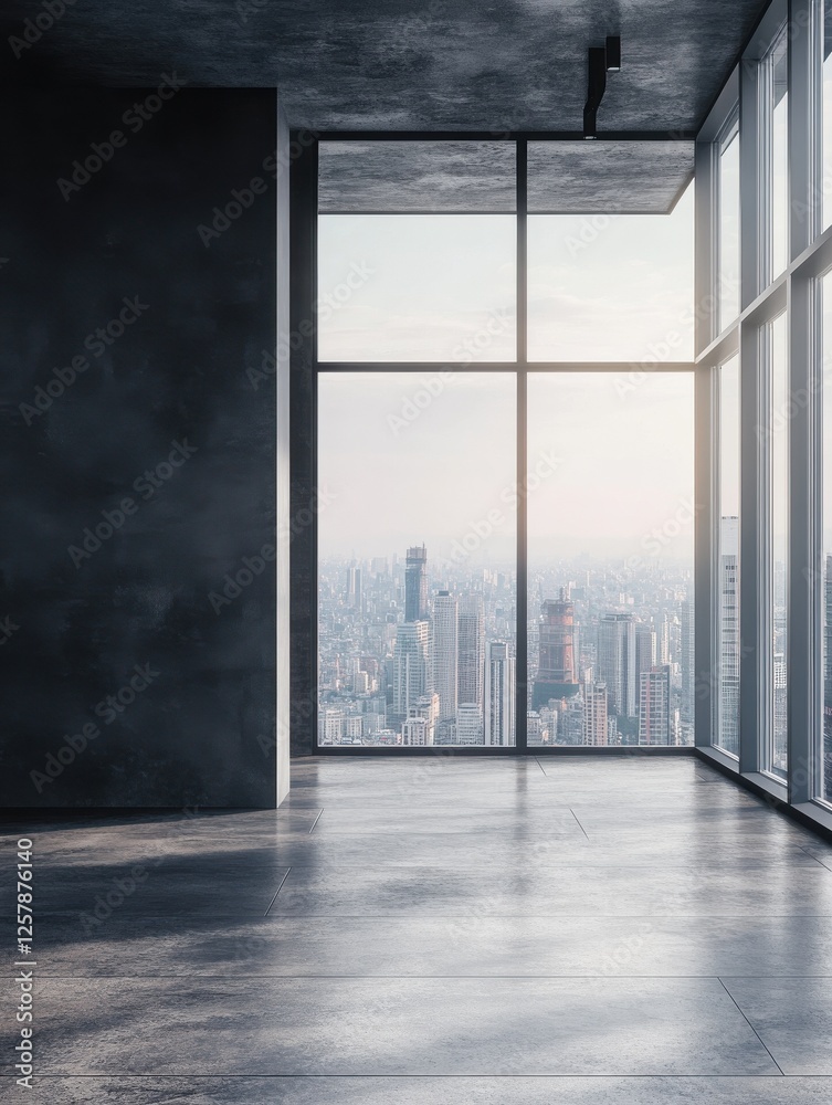 Fototapeta premium Minimalistic hall interior with empty gray wall, city view and daylight. Gallery and presentation concept. Mock up, 3D Rendering