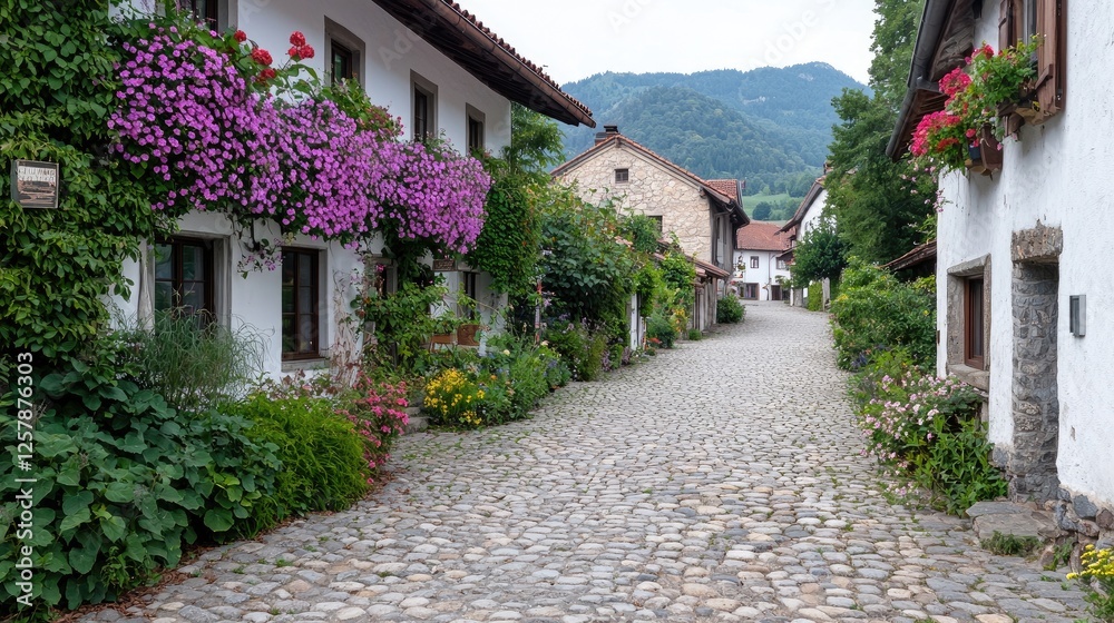 Quaint European Village Street Scene with Flowers Quaint European Village Street Scene with Flowers